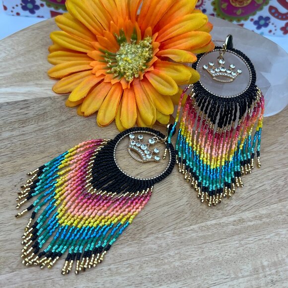 Handmade Beaded Queen Long Fringe Dangle Drop Lightweight Post Hoop Earrings - Picture 6 of 9